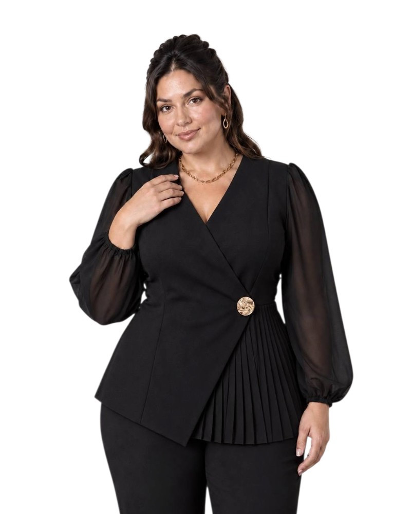 Kira, Compleu elegant de damă din 2 piese cu sacou asimetric, inserție plisată și nasture auriu