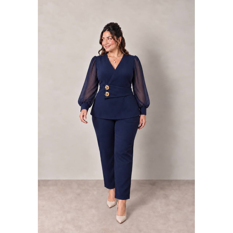 Costum elegant, Anca, culoare navy, bluză cu detalii aurii