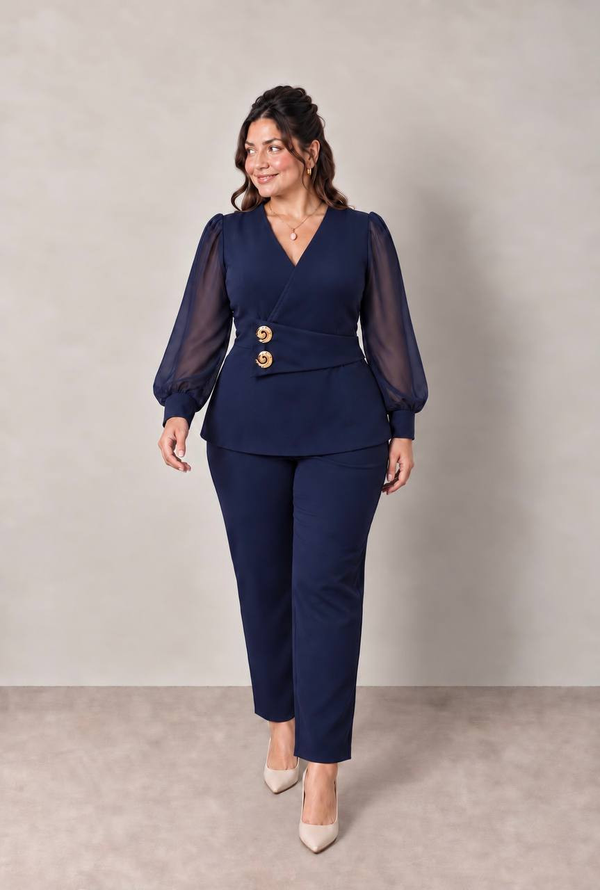 Costum elegant, Anca, culoare navy, bluză cu detalii aurii
