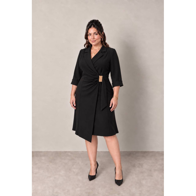 Melania, Rochie eleganta midi de tip sacou cu croi petrecut, drapaj lateral și catarama aurie