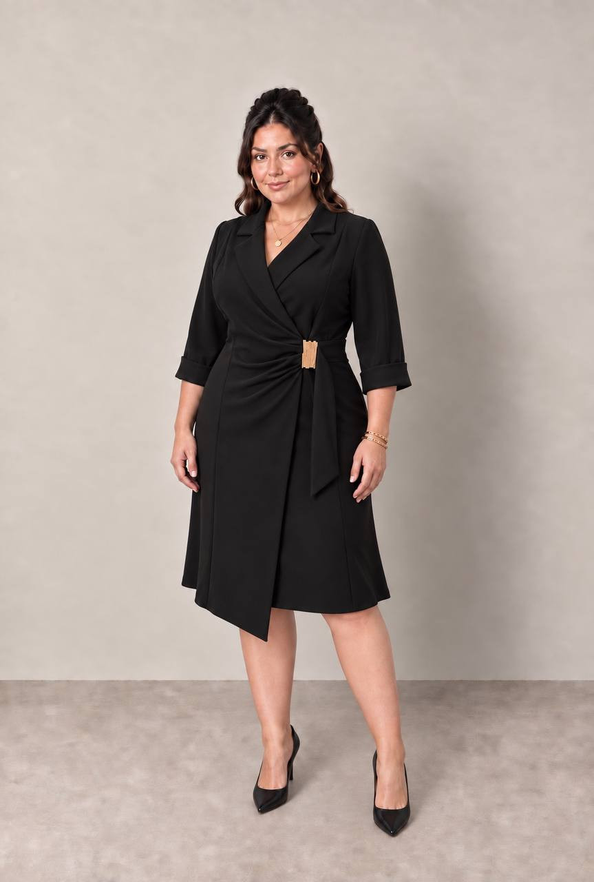 Melania, Rochie eleganta midi de tip sacou cu croi petrecut, drapaj lateral și catarama aurie