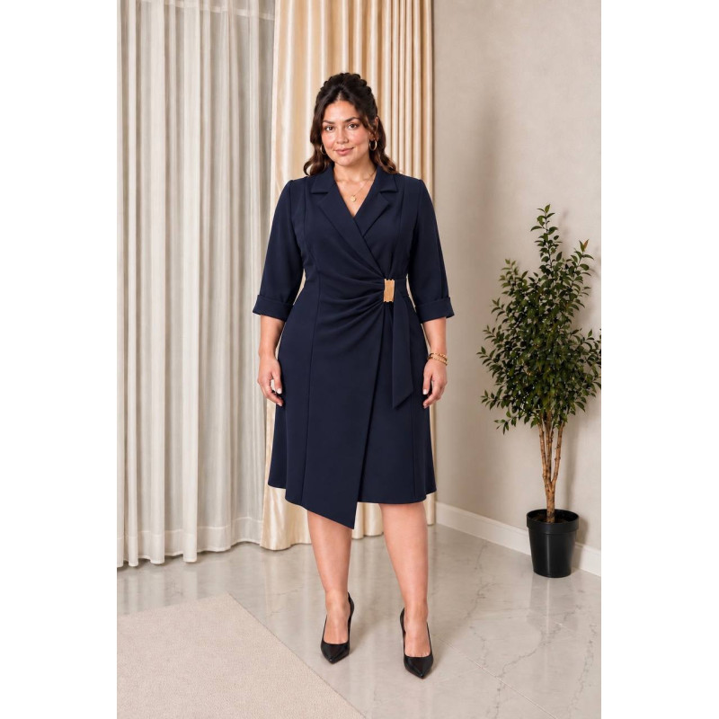 Melania, Rochie eleganta midi de tip sacou cu croi petrecut, drapaj lateral și catarama aurie, culoare navy