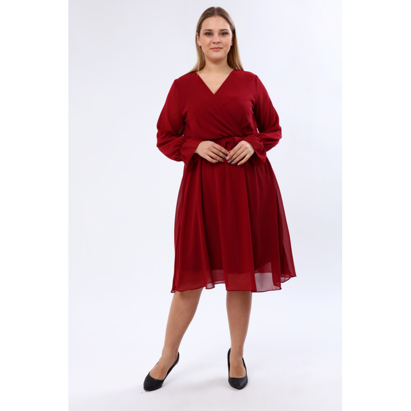 Mirabela, Rochie de ocazie midi din voal bordo, cu croi petrecut, decolteu în V și cordon în talie