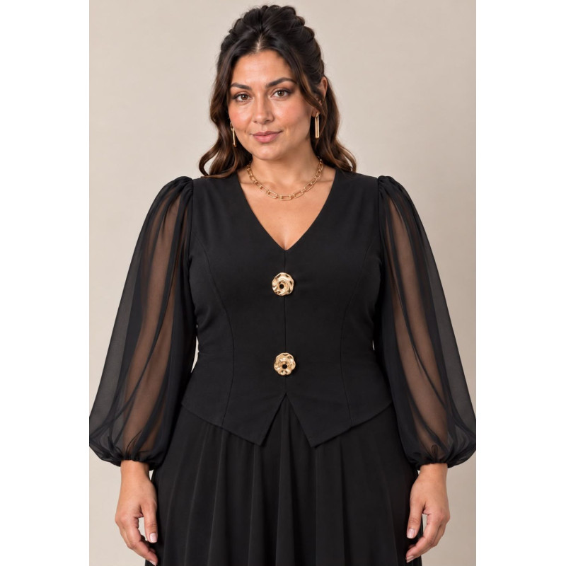 Roberta, Rochie neagra lunga de ocazie, cu nasturi bijuterie si fustă fluida din voal