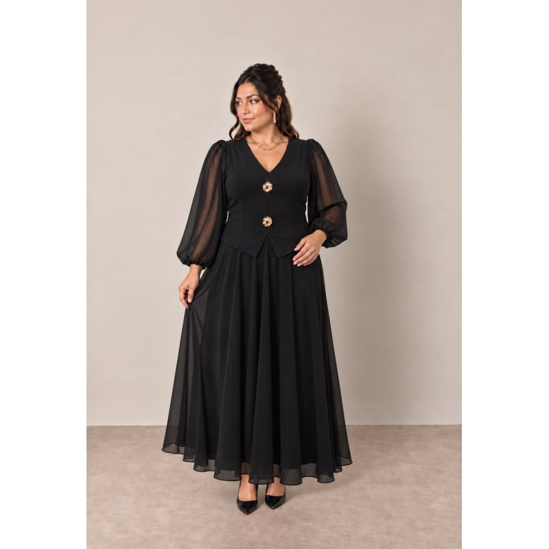 Roberta, Rochie neagra lunga de ocazie, cu nasturi bijuterie si fustă fluida din voal
