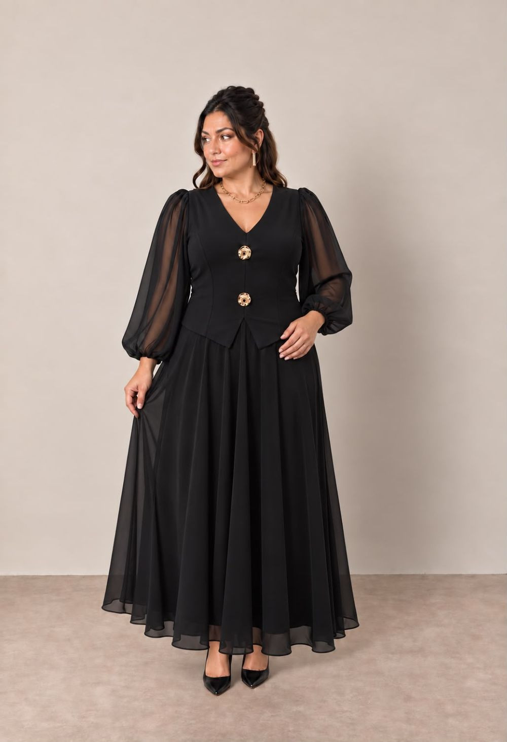 Roberta, Rochie neagra lunga de ocazie, cu nasturi bijuterie si fustă fluida din voal