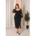Alexandra, Rochie elegantă Plus Size midi conica cu nasturi decorativi aurii și maneci bufante din voal
