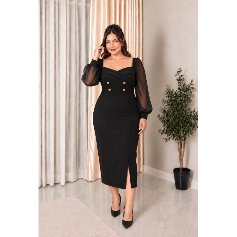 Alexandra, Rochie elegantă Plus Size midi conica cu nasturi decorativi aurii și maneci bufante din voal