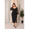 Alexandra, Rochie elegantă Plus Size midi conica cu nasturi decorativi aurii și maneci bufante din voal