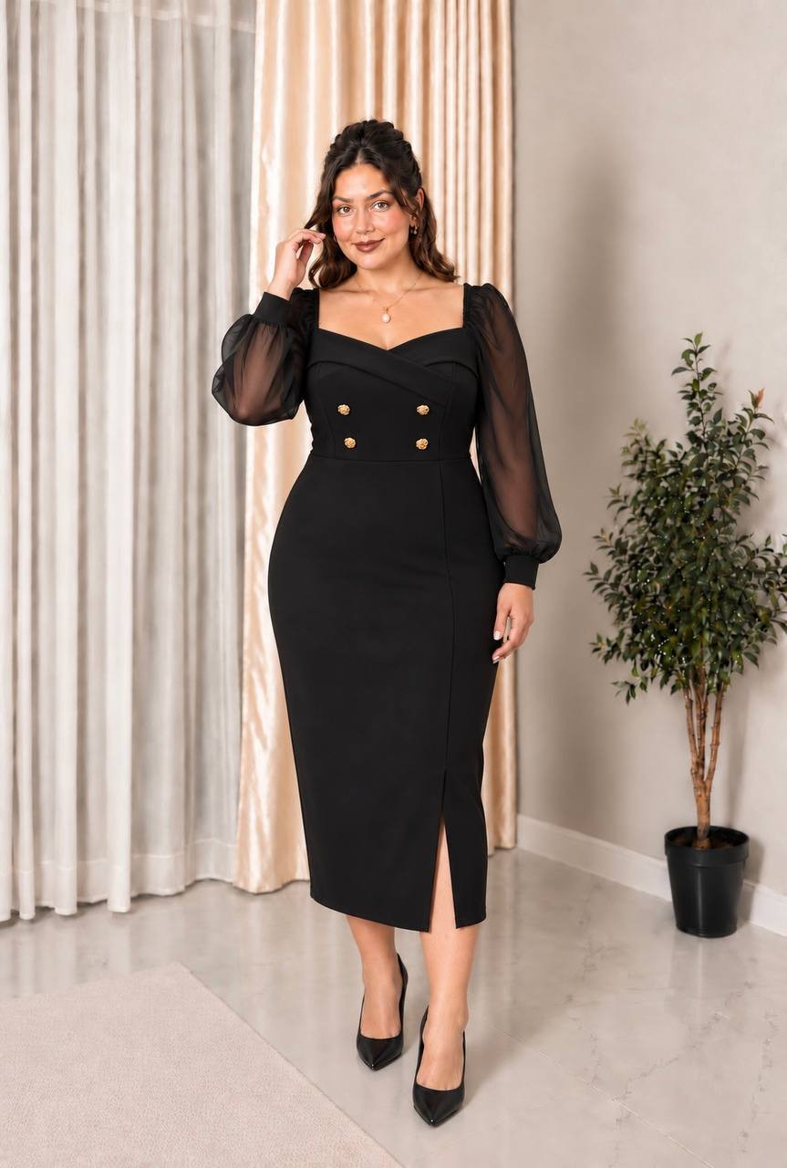 Alexandra, Rochie elegantă Plus Size midi conica cu nasturi decorativi aurii și maneci bufante din voal