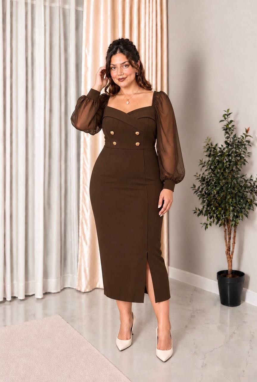 Alexandra, Rochie elegantă Plus Size midi conica cu nasturi decorativi aurii și maneci bufante din voal