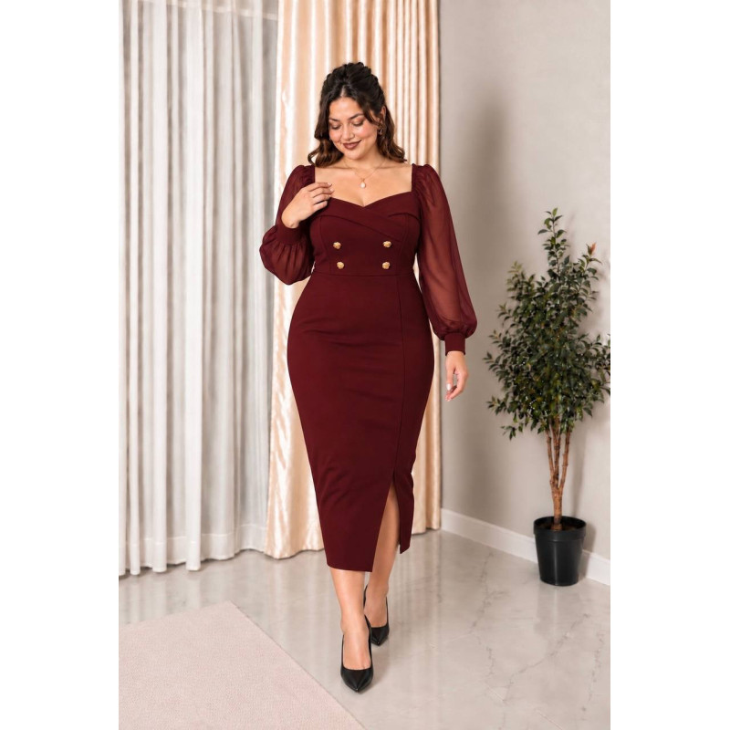 Alexandra, Rochie Plus Size midi conica cu nasturi decorativi aurii și maneci bufante din voal, culoare bordo