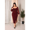 Alexandra, Rochie Plus Size midi conica cu nasturi decorativi aurii și maneci bufante din voal, culoare bordo