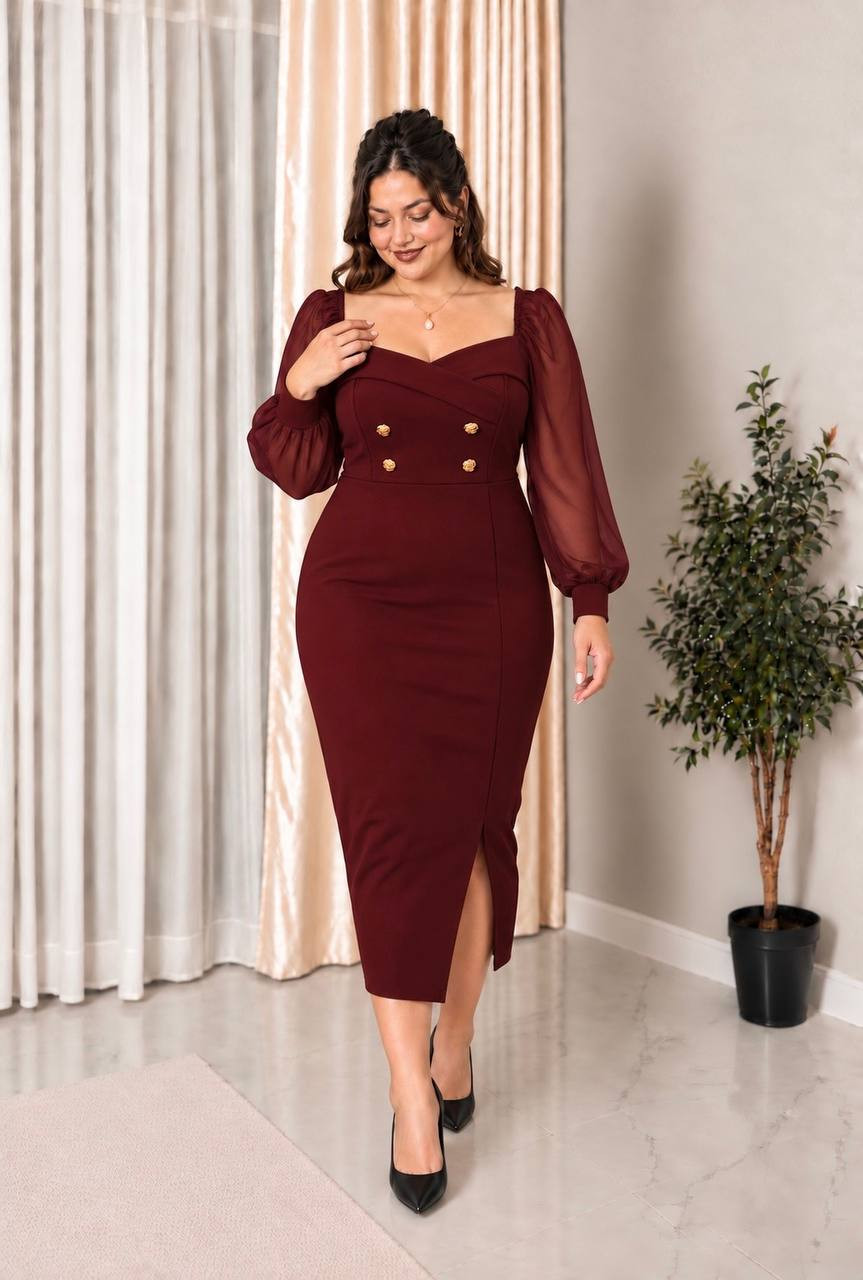 Alexandra, Rochie Plus Size midi conica cu nasturi decorativi aurii și maneci bufante din voal, culoare bordo