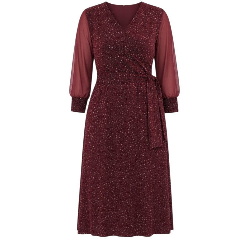 Anabela, Rochie eleganta de ocazie clos cu decolteu petrecut, cordon în talie ai fir sclipitor, culoare bordo