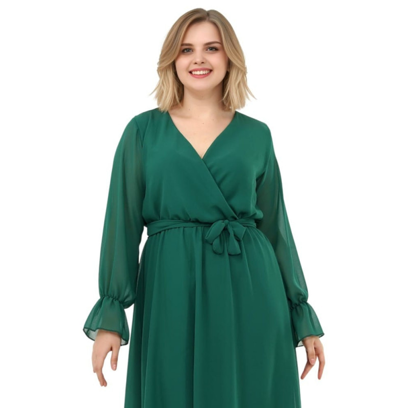 Mirabela, Rochie de ocazie midi din voal verde, cu croi petrecut, decolteu în V și cordon în talie