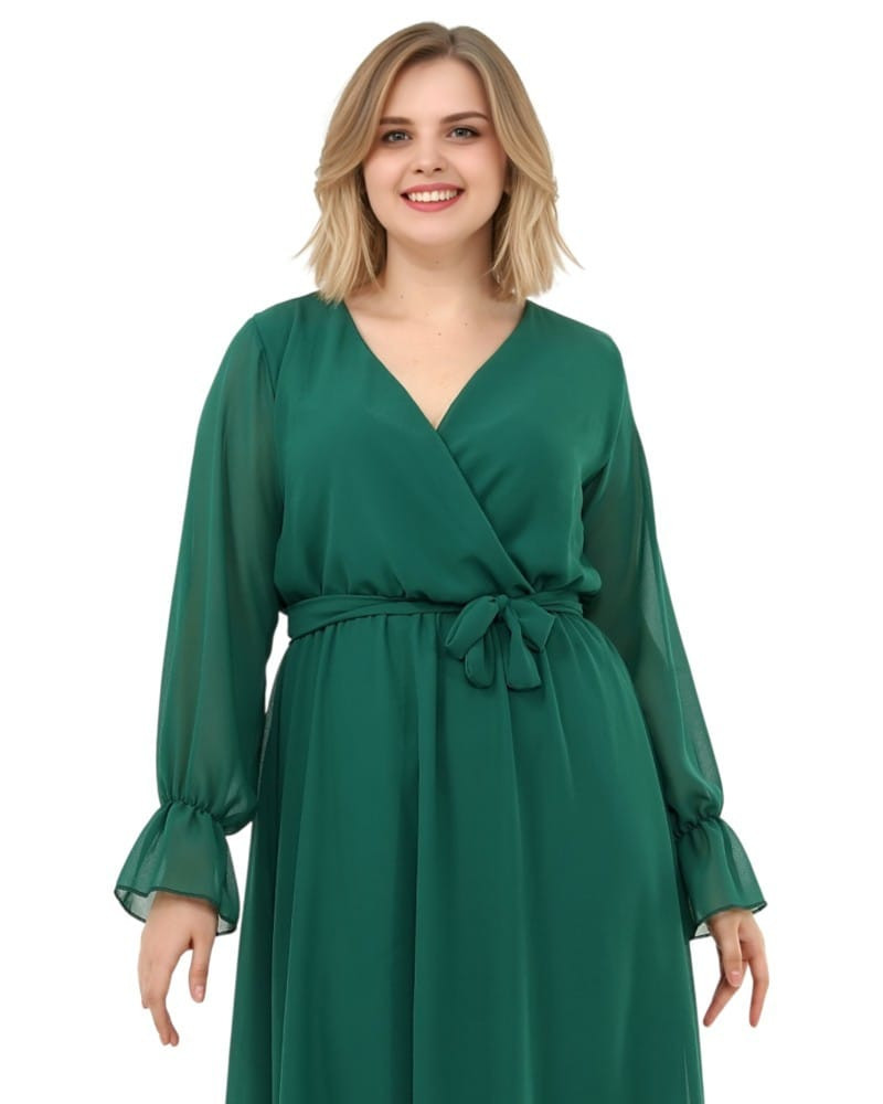 Mirabela, Rochie de ocazie midi din voal verde, cu croi petrecut, decolteu în V și cordon în talie