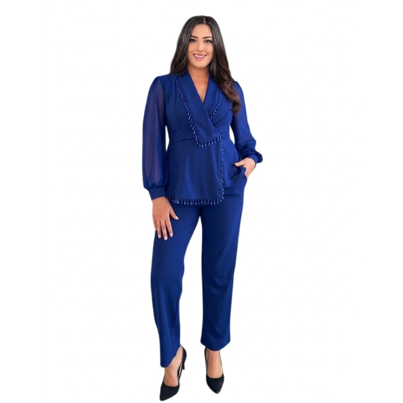 Compleu elegant, Duna, culoare albastru-regal cu detalii rafinate