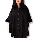 Jacheta stil Poncho elegant, dama, model 2, din stofa, guler cu blanita si broderie crosetata , marime mare, culoare negru