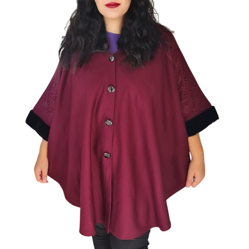 Jacheta stil Poncho elegant, dama, model 1, din stofa, guler cu blanita si broderie crosetata , marime mare, culoare bordo Li...